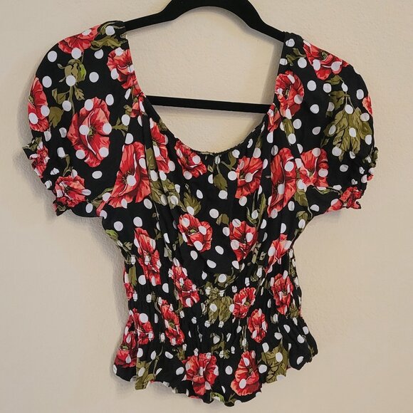 Romeo + Juliet Couture Polka Dot Poppy Floral Milkmaid Top Black White Red Sz M - Picture 2 of 5